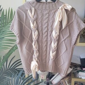 Vestique Cable Knit Sweater with Satin Braided Tie - Women's Size Medium